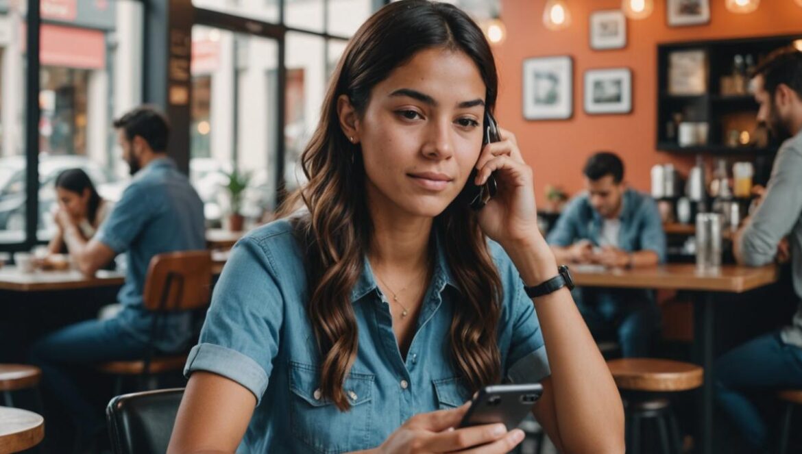 ¿Telefobia o genio digital? El truco de Google que atrapa a la Gen Z Joven latinoamericano relajado mientras su móvil realiza una llamada automática con IA en un café moderno.