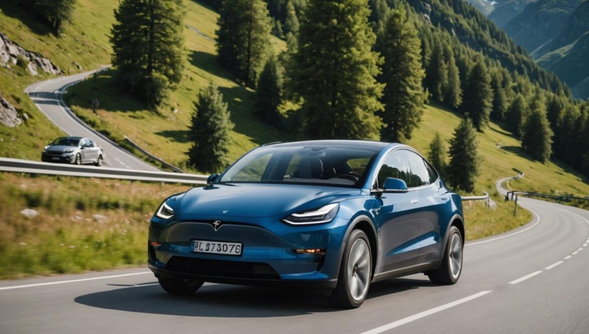 Tesla y marcas chinas revientan el ranking real de autonomía eléctrica en Noruega: ¿Por qué Europa quedó atrás? Dos autos eléctricos (un Tesla Model Y y un SUV chino) recorren una carretera noruega rodeada de montañas verdes.