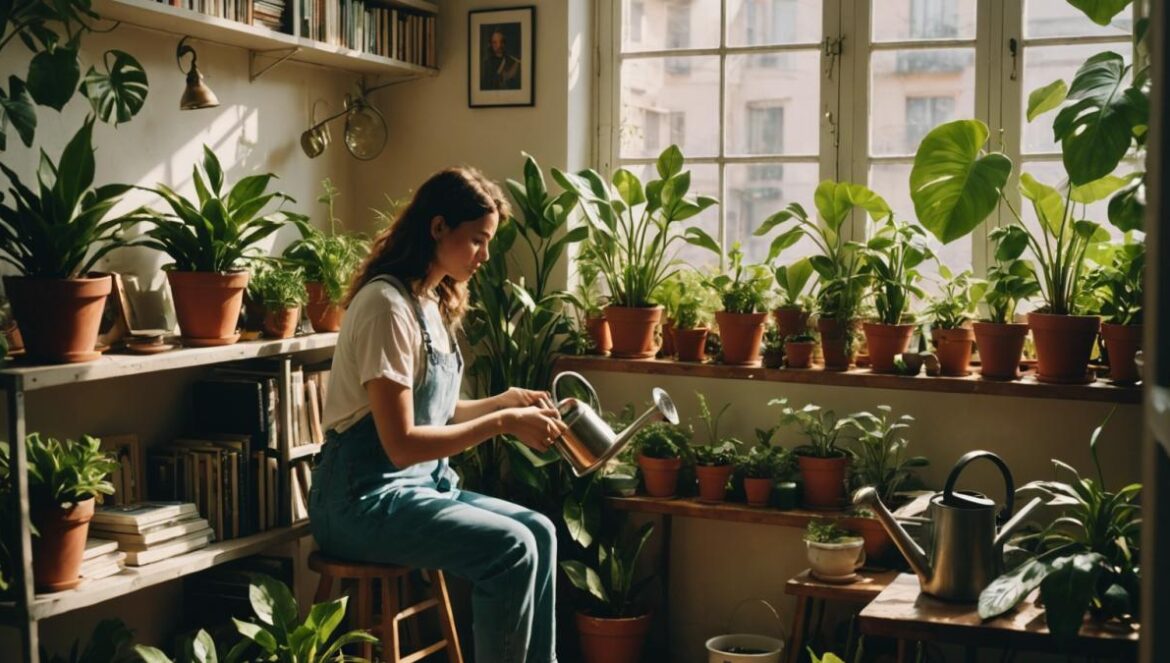 El gran error del riego: la ciencia detrás de por qué tus plantas mueren si las hidratas en la hora equivocada A bright, cozy Buenos Aires apartment filled with lush, vibrant houseplants, photorealistic editorial style, early morning sunlight streaming through the window, a young woman gently watering plants with a stylish watering can, surrounded by books and aromatic candles, serene and fresh mood, main subject (woman and plants) centered and in sharp focus, minimal cluttered background.