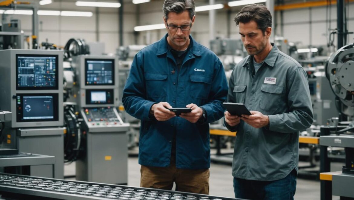 Trump vs. Apple: El giro inesperado de los iPhone “made in USA” Ingenieros estadounidenses revisando maquinaria avanzada de imanes reciclados en una fábrica moderna de California.