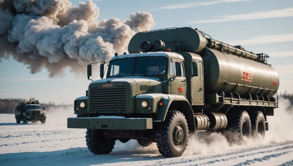 TurboKarcher soviético: El camión con motor de caza que aún revienta tanques Camión militar soviético equipado con turborreactor limpiando tanques en un campo nevado.