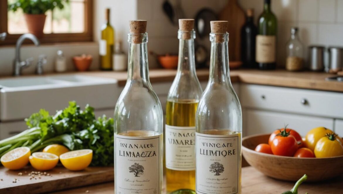 Vinagre blanco vs. vinagre de limpieza: la confusión viral que puede arruinar tu ensalada (y tu cocina) Dos botellas diferentes de vinagre sobre una mesa: una junto a alimentos frescos, otra con productos de limpieza.