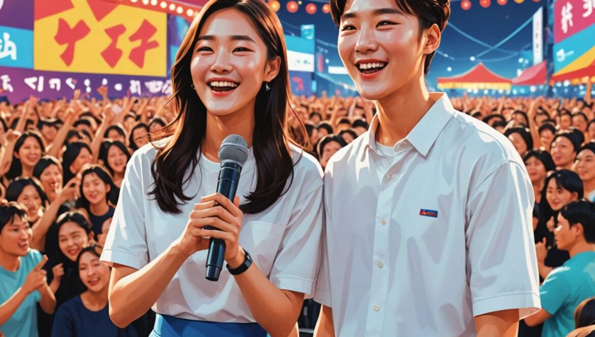 ‘Juicy Go’: el dueto explosivo de Kim Yeon-ja y Young Tak que convierte el trot en hit veraniego global Kim Yeon-ja and Young Tak, two Korean singers, performing together on stage in front of a vibrant summer festival crowd, photorealistic editorial style, colorful stage lights, both artists smiling at the center with microphones, energetic atmosphere, well-lit faces and main subjects clearly centered and in focus, subtle Korean cultural elements visible in the background.