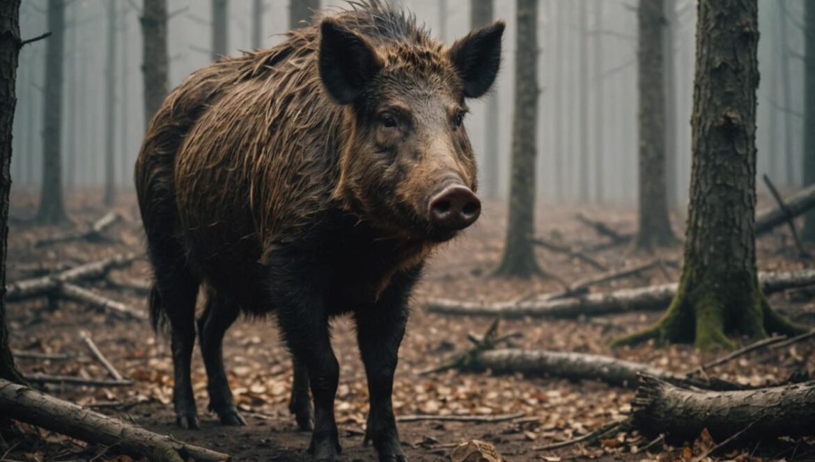 La paradoja salvaje de Chernóbil: jabalíes radiactivos, trufas nucleares y la herencia invisible de la Guerra Fría A wild boar standing in a misty forest near Chernobyl, photorealistic editorial style, the animal is clearly centered and in sharp focus, earthy tones with subtle rays of sunlight filtering through leafless trees, the ground scattered with truffles and hints of abandoned structures in the background for atmospheric context.