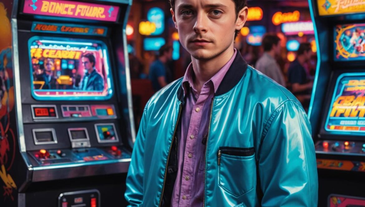 ¿Sabías que Frodo debutó en ‘Regreso al Futuro II’? El easter egg que nadie vio A young Elijah Wood dressed in 80s style, standing next to an arcade machine inside a retro-futuristic café inspired by Back to the Future II, photorealistic editorial style, bright neon lighting, nostalgic details like classic movie posters and vintage video games, main subjects centered and in sharp focus with a clean, vibrant background.
