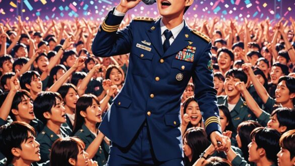 Wooz: El regreso K-pop que reescribe las reglas tras el ejército Wooz actuando en uniforme militar sobre un escenario iluminado con fans coreando entusiasmados.