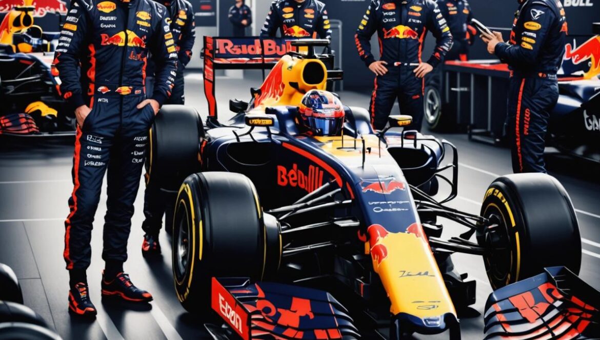 Red Bull en jaque: la crisis del segundo piloto destapa grietas en su imperio de F1 A Formula 1 paddock scene, photorealistic editorial style, focused on a tense Red Bull Racing garage with Max Verstappen and Yuki Tsunoda in sharp focus at the center. Verstappen looks frustrated, Tsunoda pensive. A Racing Bulls car with Liam Lawson is visible in the background. Dramatic lighting highlights team tension. Clean, modern environment. The main subjects are centered and crisp.