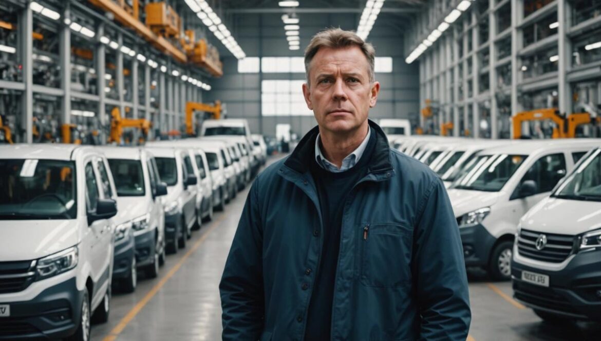 Crisis silenciosa de las furgonetas eléctricas: ventas hundidas, fábricas en riesgo y la advertencia de Stellantis A worried automotive factory manager stands at the center of a modern European van manufacturing plant, surrounded by half-assembled electric vans and idle workers. Photorealistic editorial style, somber mood with natural white lighting highlighting anxious expressions. Main subject centered in sharp focus, background showing industrial machinery and production lines.