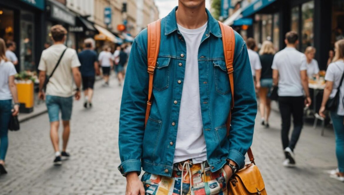 ¿Por qué los shorts XXL y la moda foodie van a romperla en 2026? A stylish young man wearing oversized, multi-pocketed shorts and a quirky food-shaped bag, photorealistic editorial style, daytime city street, vibrant fashion week mood, detailed textures on the clothing, confident pose with playful energy, main subject centered and in sharp focus against a clean urban backdrop.