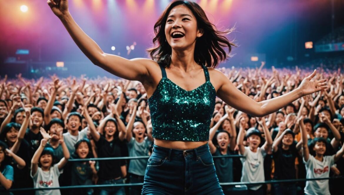 A2O Mei actuando en un gran escenario frente a un público joven y entusiasta durante una premiación musical.
