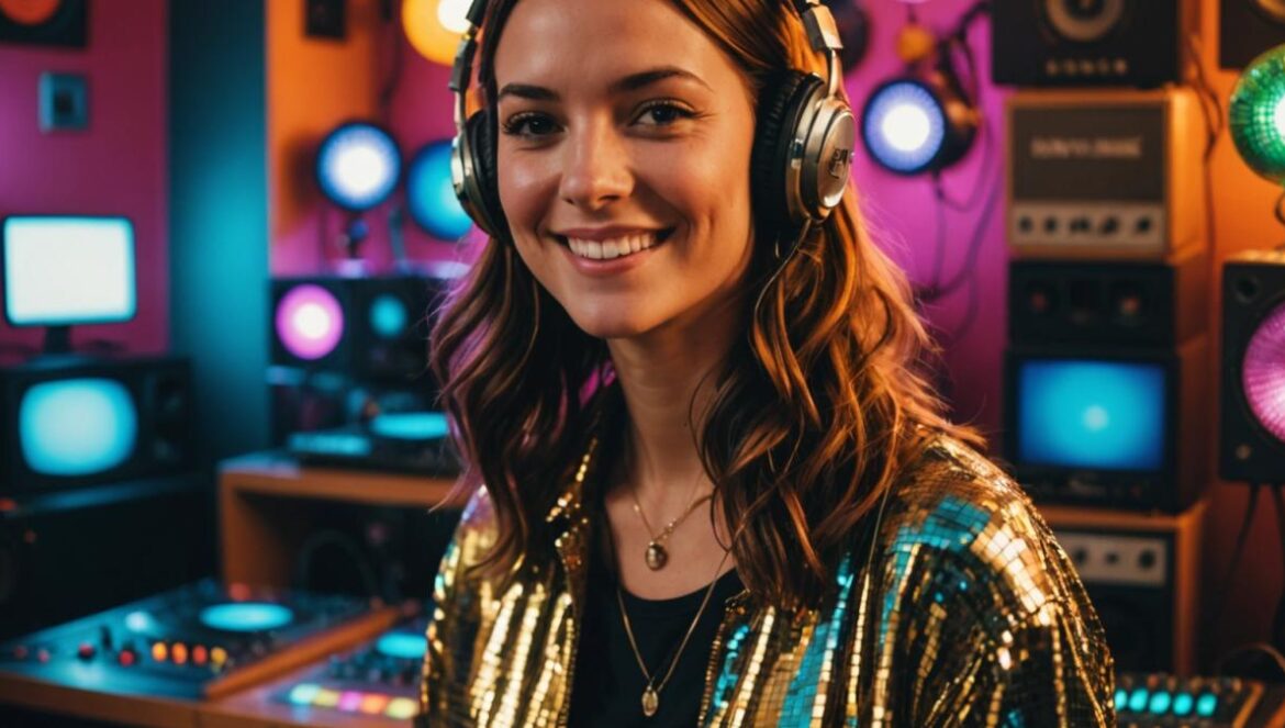 Amber Mark sonriendo en un estudio rodeada de discos de vinilo y bolas de discoteca.