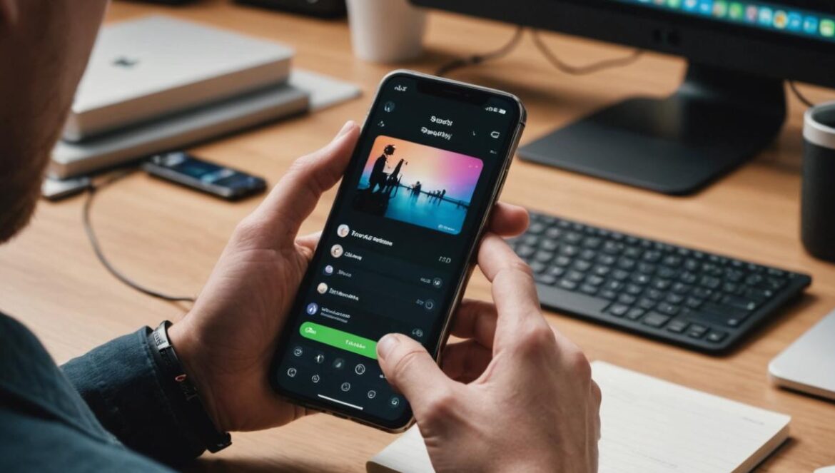 Apple Music ya importa playlists de Spotify: guía express y el trasfondo Manos sosteniendo un iPhone con la opción de transferir música a Apple Music y playlists de Spotify de fondo.