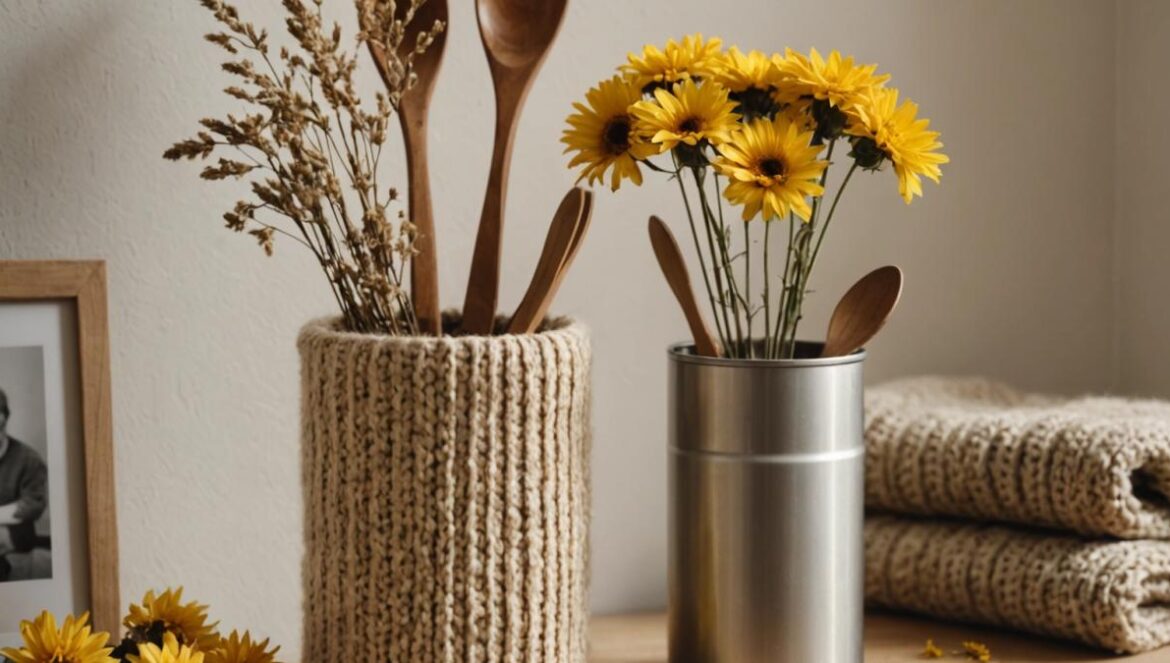 Bote de Nesquik + manga de jersey: el DIY cozy que arrasa en Reels Bote de Nesquik reciclado con manga de jersey beige, usado como organizador sobre una repisa de madera con plantas y luz natural.