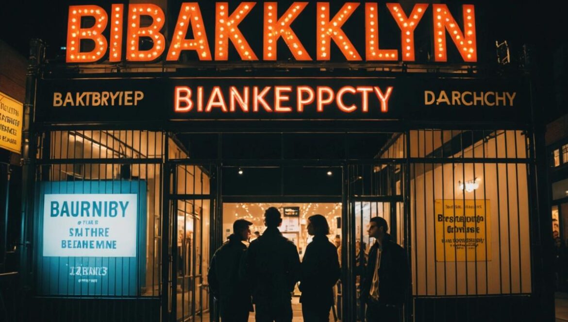 Brooklyn Mirage en bancarrota: ¿fin de una era o reseteo épico de la electrónica neoyorquina? Fachada del Brooklyn Mirage iluminada de noche con carteles de cierre y jóvenes sorprendidos afuera.