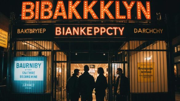 Fachada del Brooklyn Mirage iluminada de noche con carteles de cierre y jóvenes sorprendidos afuera.