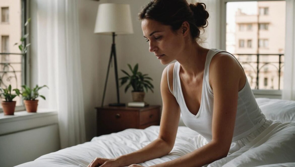 Mujer joven cambiando sábanas blancas en un dormitorio luminoso y moderno durante verano.