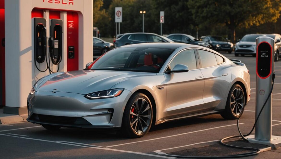 Coche eléctrico: más cargadores, más enfado—Tesla gana en precio Un Tesla y un Ford Mustang Mach‑E cargando en un Supercharger al atardecer, con un usuario viendo el precio en su móvil.