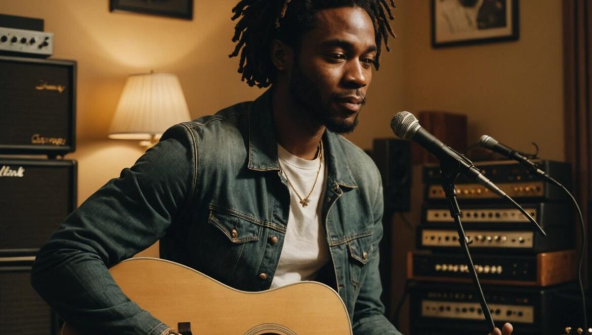 Cantante de R&B en estudio, cuaderno con “Son Of Spergy”, guitarra vintage y luz cálida de sesión.