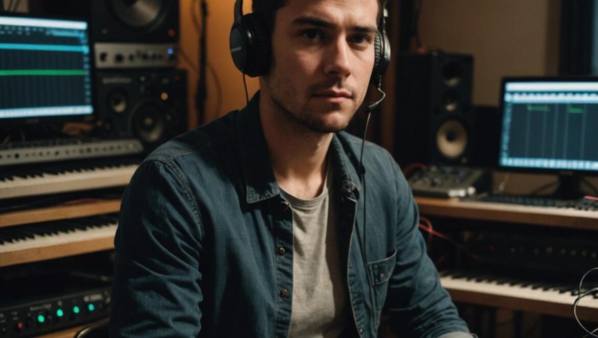 Dijon en su estudio casero rodeado de sintetizadores y cuadernos en plena creación musical.