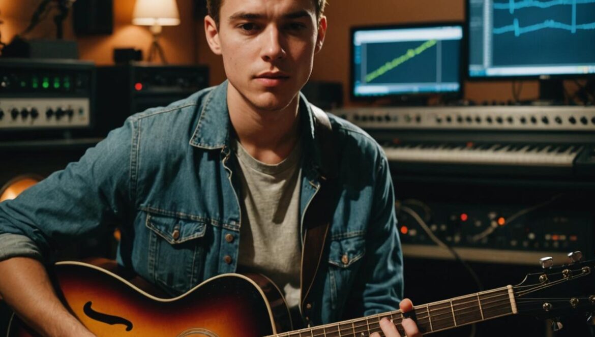 Dijon rompe esquemas: Todo sobre ‘Baby’, el álbum que enciende la escena indie Músico joven tocando la guitarra eléctrica en un estudio íntimo con luz cálida y ambiente creativo.