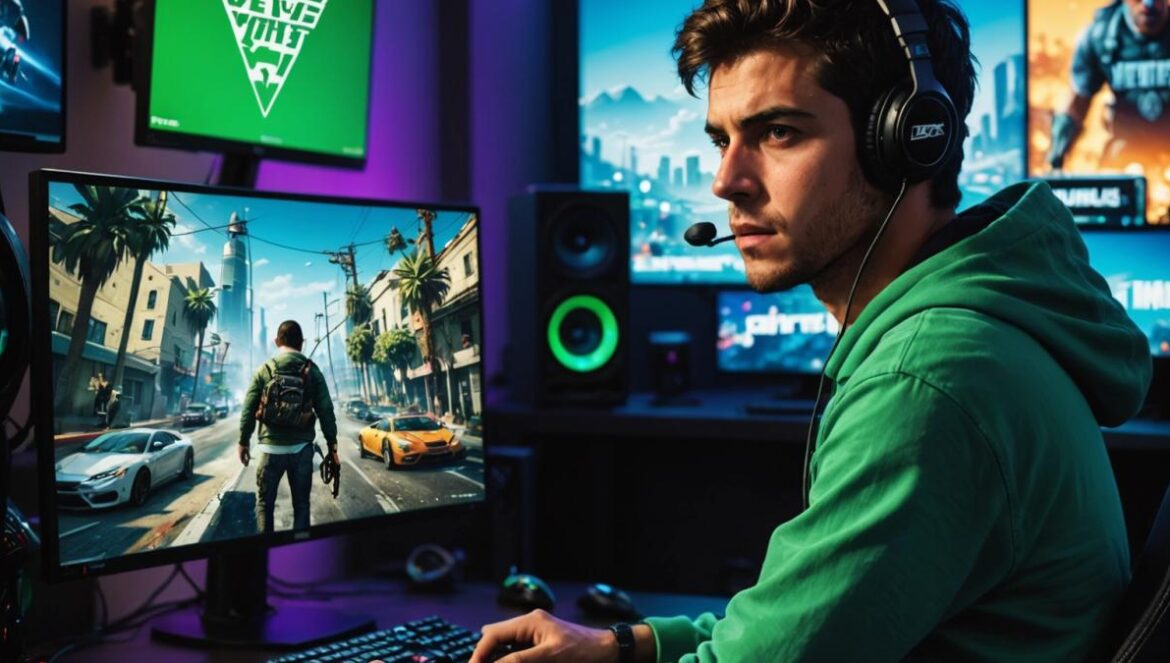 DLSS 4 en GTA V: ¿Revolución visual o puro postureo para gamers de élite? Un gamer joven frente a su PC disfrutando GTA V con gráficos al máximo y estadísticas de FPS en pantalla.