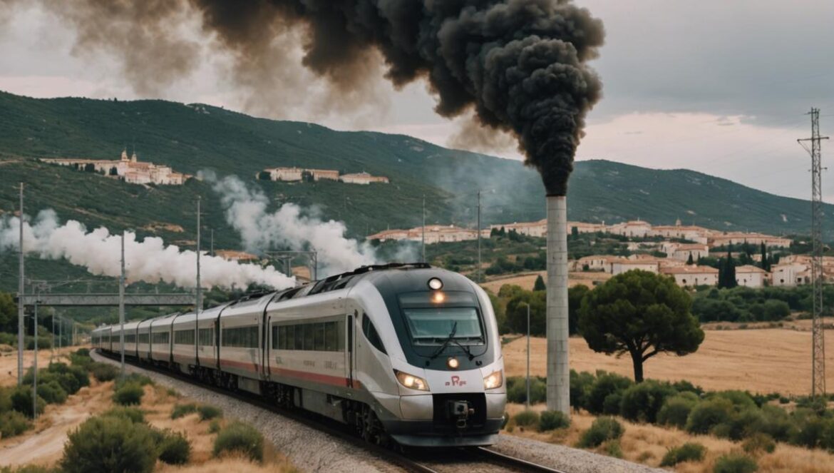 El AVE Madrid-Galicia colapsa: Incendios, precios imposibles y viajeros en vilo Tren AVE detenido en mitad del campo gallego con humo de incendios al fondo y personal de emergencia presente.