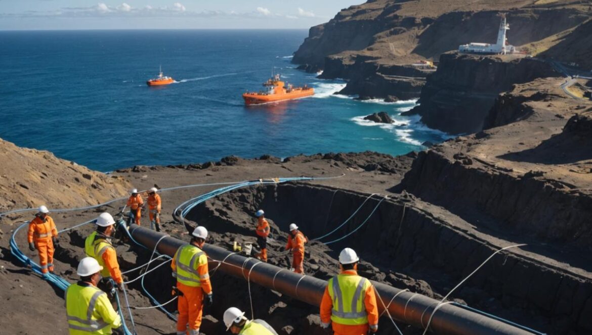 Técnicos instalan un cable submarino de fibra óptica cerca de la costa rocosa de Canarias con el mar al fondo.