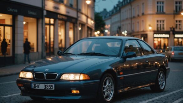Un coupé deportivo europeo de los años 90 aparcado en una calle urbana al atardecer