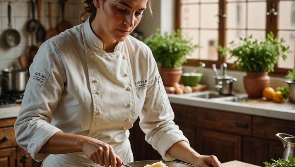 ¿El puré más cremoso sin leche ni mantequilla? El truco viral que aprendí en MasterChef (y ya uso en Cádiz) Cocinera española preparando un puré de patatas cremoso en una cocina andaluza llena de luz y hierbas frescas.