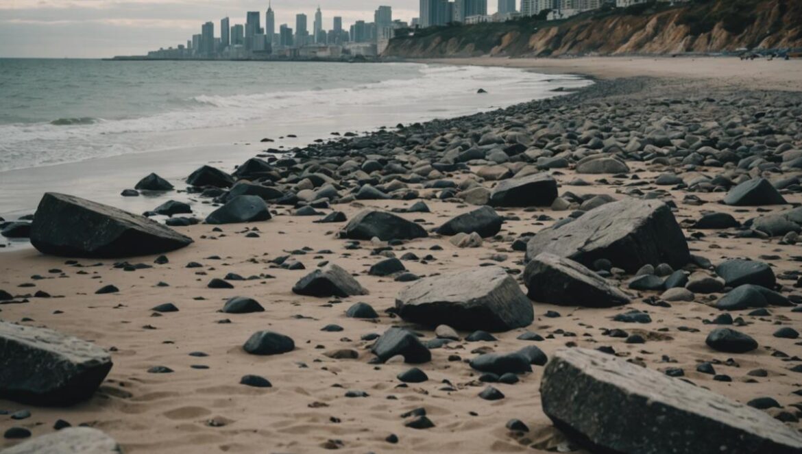 ¿Estamos perdiendo nuestras playas? La erosión y la escasez de arena lo están cambiando todo Playa casi vacía con rocas expuestas y edificios al fondo bajo un cielo nublado; muestra la erosión costera.
