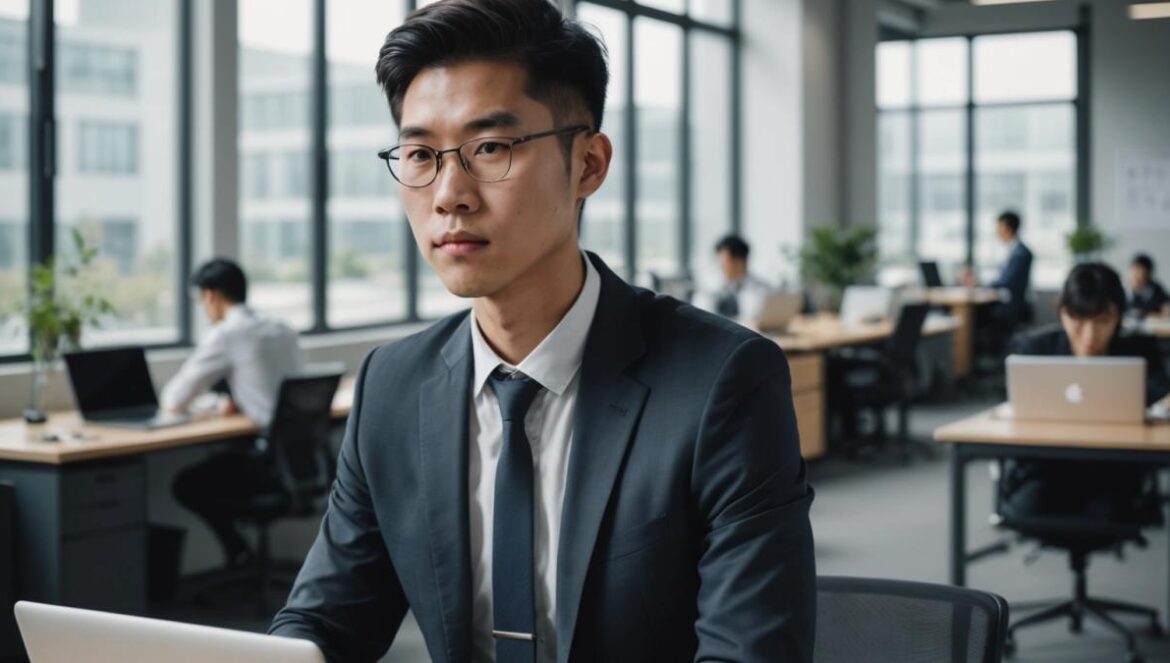 ¿Fingir que trabajas? El fenómeno chino que rompe Internet (y por qué conecta con la Generación Z) Joven chino sentado en una oficina moderna y casi vacía, mirando su portátil pensativo mientras finge trabajar.