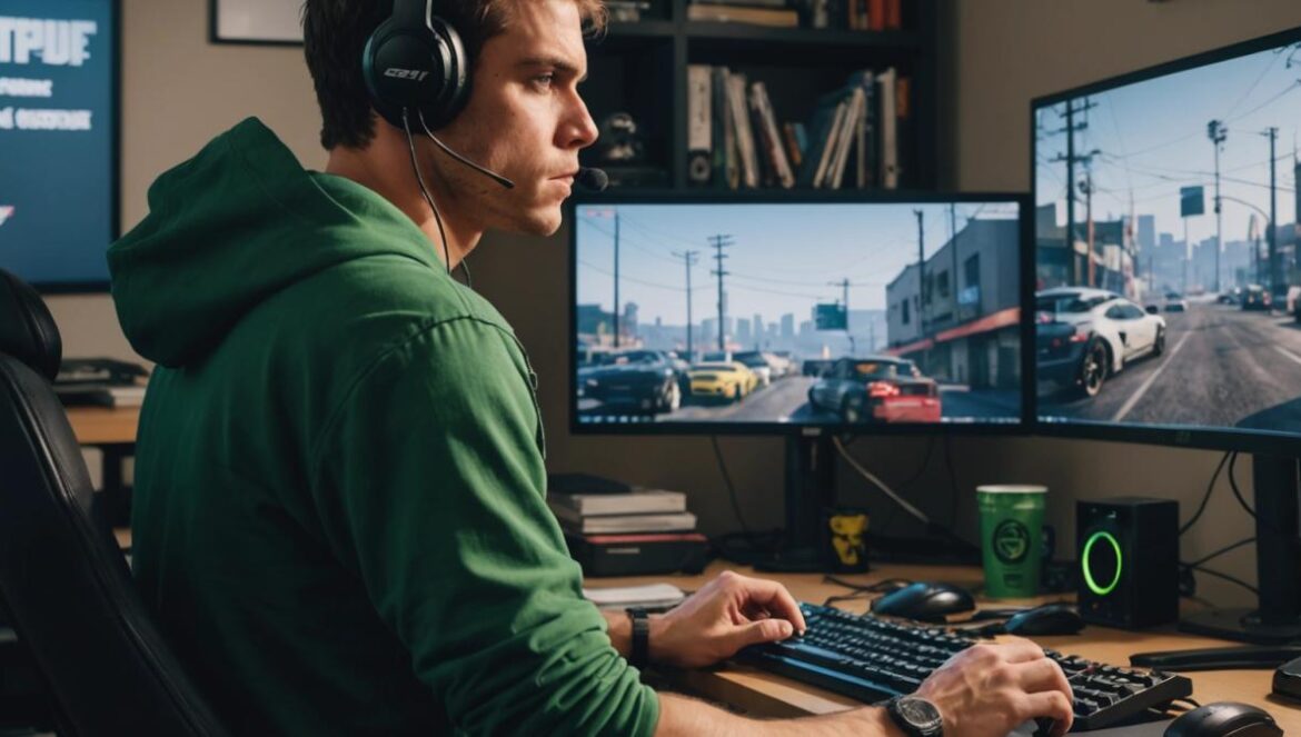 FiveM bajo fuego: el robo de assets que sacude a la comunidad GTA RP Joven gamer revisando foros en su PC con GTA V y FiveM abiertos, mostrando frustración por robo de contenido.