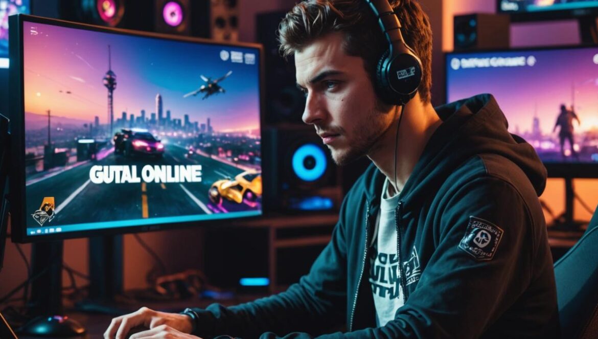 GTA Online regala millones: ¿preparando el terreno para GTA 6 o solo hype? Joven jugando GTA Online en su PC con billetes digitales flotando y setup gamer iluminado.