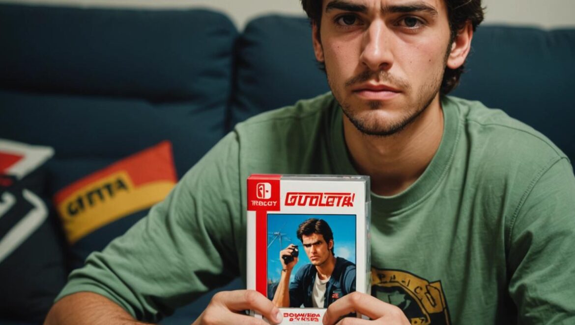 GTA Trilogy en Switch: El re-lanzamiento que ilusionó… y luego enfadó a todos Joven gamer español sosteniendo la caja de GTA Trilogy para Switch con gesto de decepción y etiqueta de descarga obligatoria visible.
