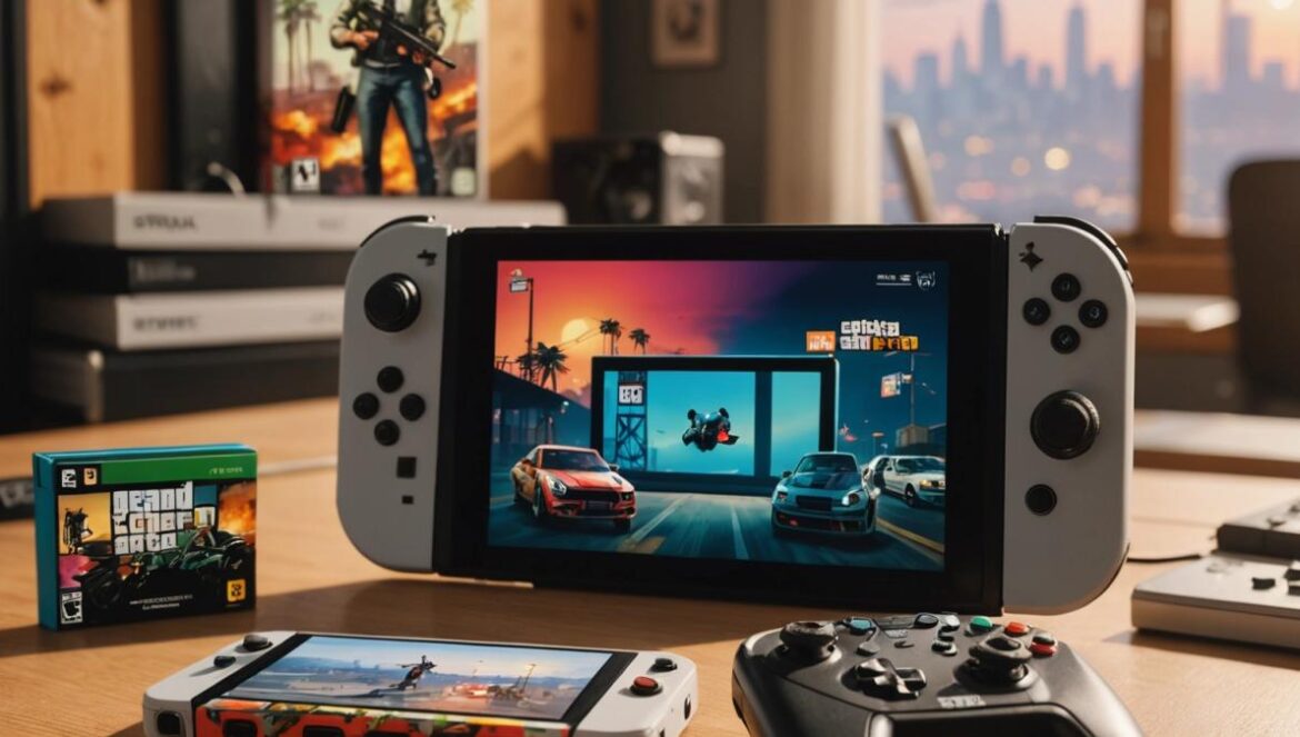 GTA Trilogy revienta en Switch: ¿por fin edición física completa sin descargas? Nintendo Switch junto a la caja física de GTA Trilogy mostrando las portadas clásicas de los tres juegos.