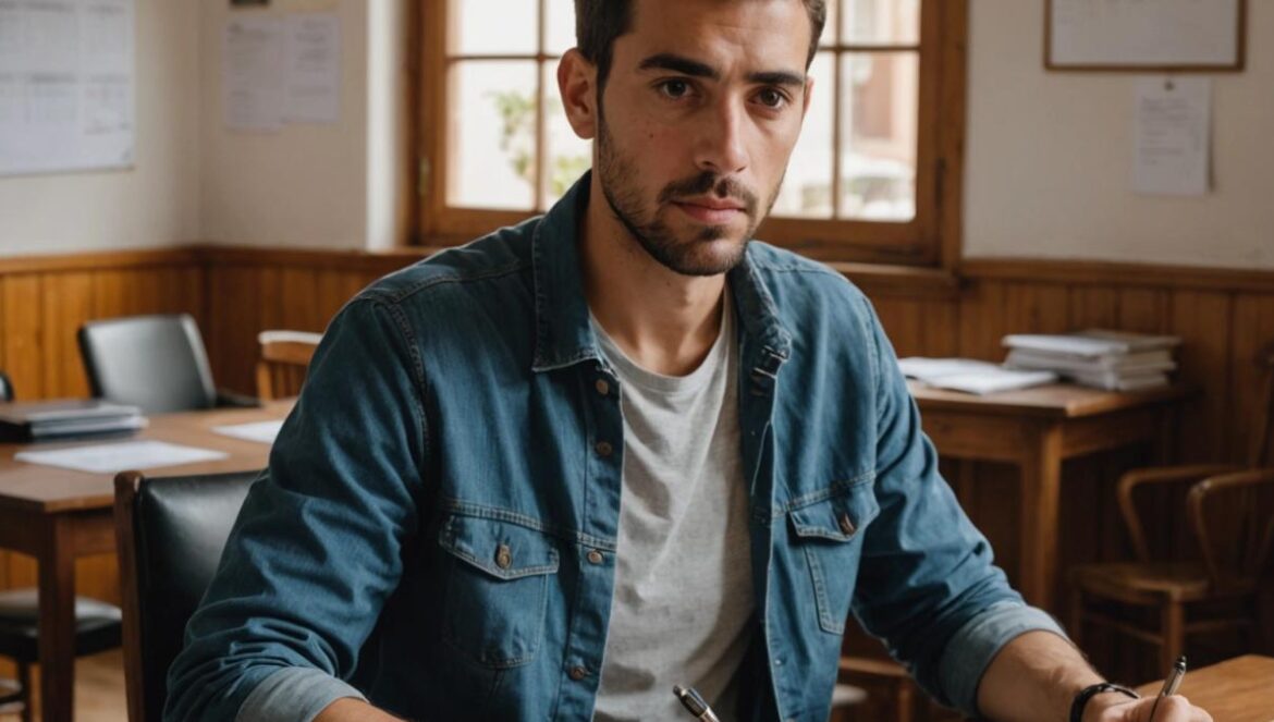 Herencia en España: 8 errores que te salen carísimos, según Manuel Vilches Joven revisando papeles de herencia con calendario marcado y portátil abierto en la Agencia Tributaria.