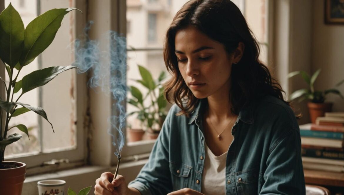 Hojas de laurel: ¿por qué todos queman este ritual anti-estrés en TikTok? Mujer encendiendo una hoja de laurel en un platito, con humo suave y luz cálida en un living acogedor.