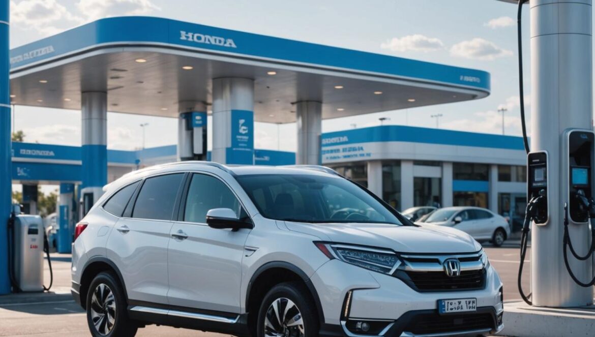 Honda rompe el molde: ¿Por qué apuesta por híbridos e hidrógeno cuando todos van a lo eléctrico? Honda SUV híbrido recargando en una estación futurista de hidrógeno bajo luz brillante