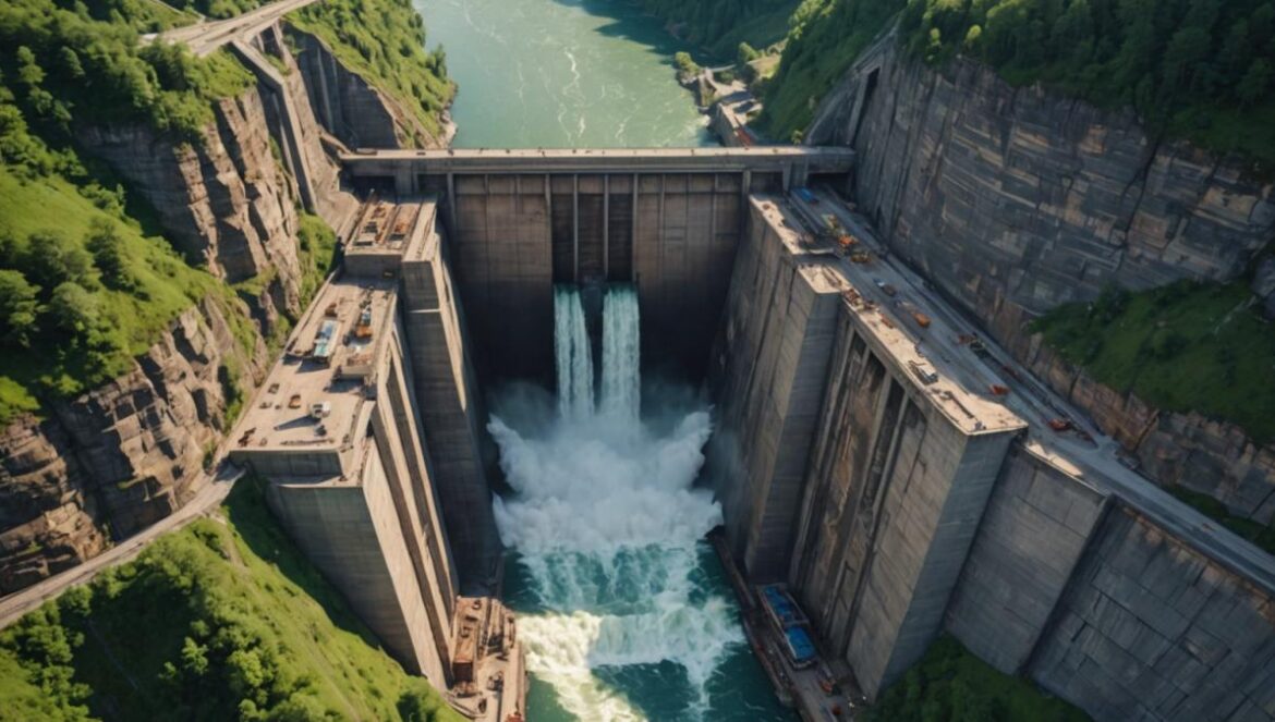 ¿La megapresa de Motuo en China es progreso o amenaza? El giro inesperado en la guerra por el agua Vista aérea realista de la presa hidroeléctrica de Motuo entre montañas verdes y nubes bajas.