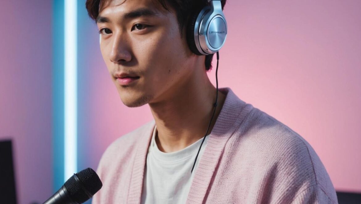 Joven cantante de K‑Pop en estudio, con auriculares y sonrisa tímida, ante un micrófono.