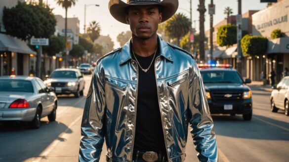 Figura masculina con sombrero y chaqueta al hombro camina al amanecer por Ventura Blvd, patrullas con luces al fondo.