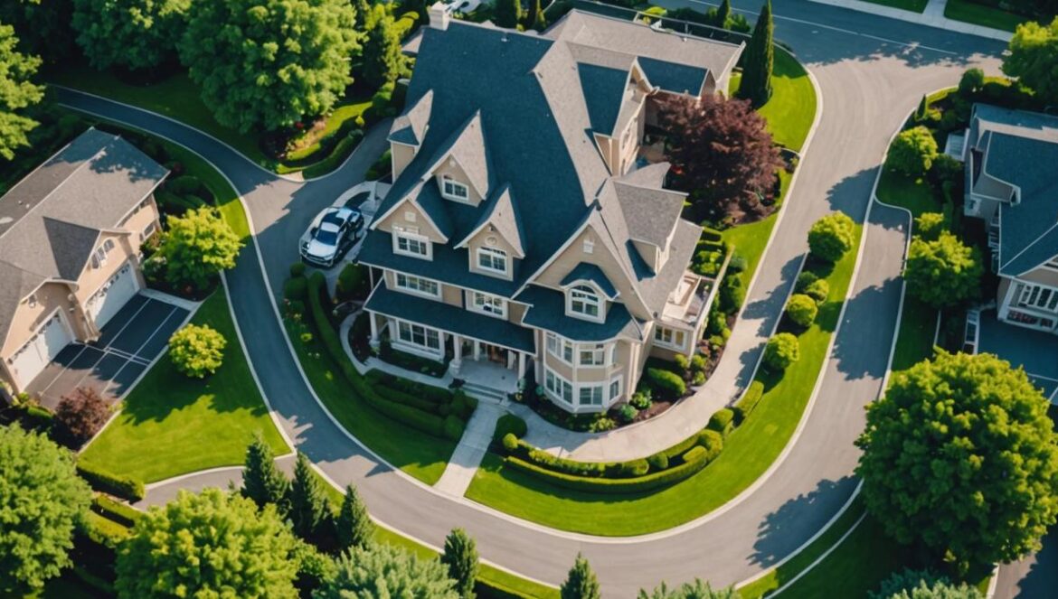 ¿Lo sabías? Un padre millonario construyó una pista de karts en casa y desató la guerra vecinal Vista aérea de una mansión con pista de karts rodeada de casas y árboles, resaltando el contraste entre lujo y vecindario tranquilo.
