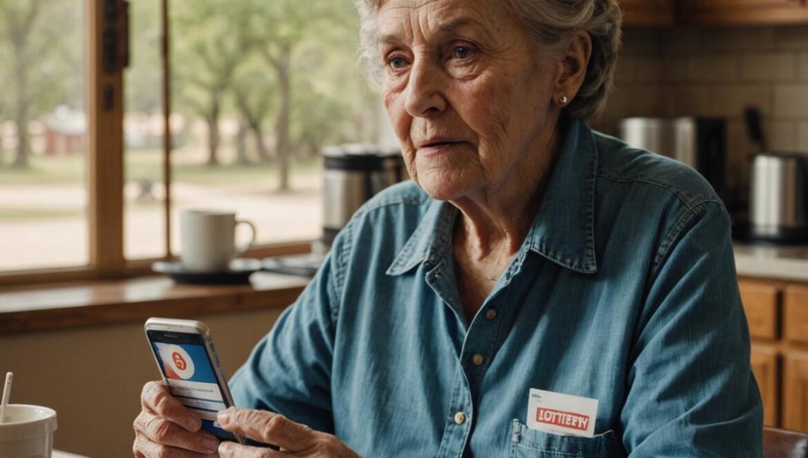 Lotería de Texas: gana 71,5 M€ y se los congelan tras usar Jackpocket Mujer mayor en Texas mirando su móvil con una app de lotería abierta, ticket impreso y gesto serio.