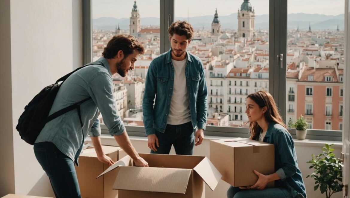 Madrid invivible: ¿Por qué tantos madrileños sueñan con mudarse y qué buscan fuera? Pareja joven empacando cajas en un piso pequeño de Madrid con la ciudad al fondo por la ventana.