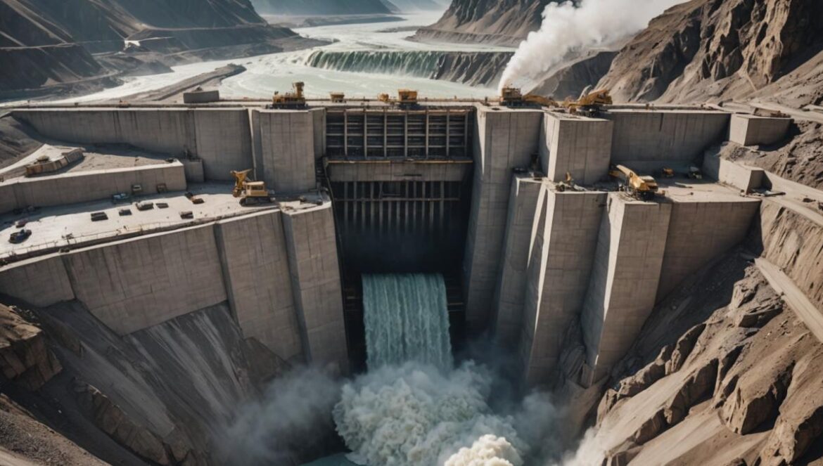 Vista realista de un enorme barrage hidroeléctrico en construcción sobre un río en el altiplano tibetano rodeado de montañas.