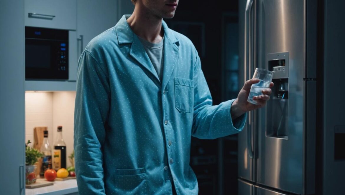 Cocina moderna de noche con una nevera emitiendo un chasquido y una persona sorprendida con un vaso de agua.