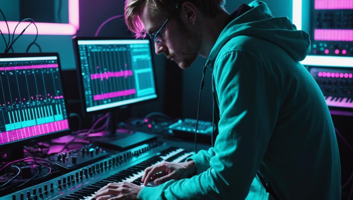 Productor de electrónica en estudio oscuro con sintetizadores modulares y luces neón.