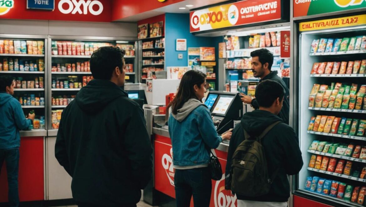Fachada de una tienda Oxxo con clientes realizando operaciones financieras en caja.