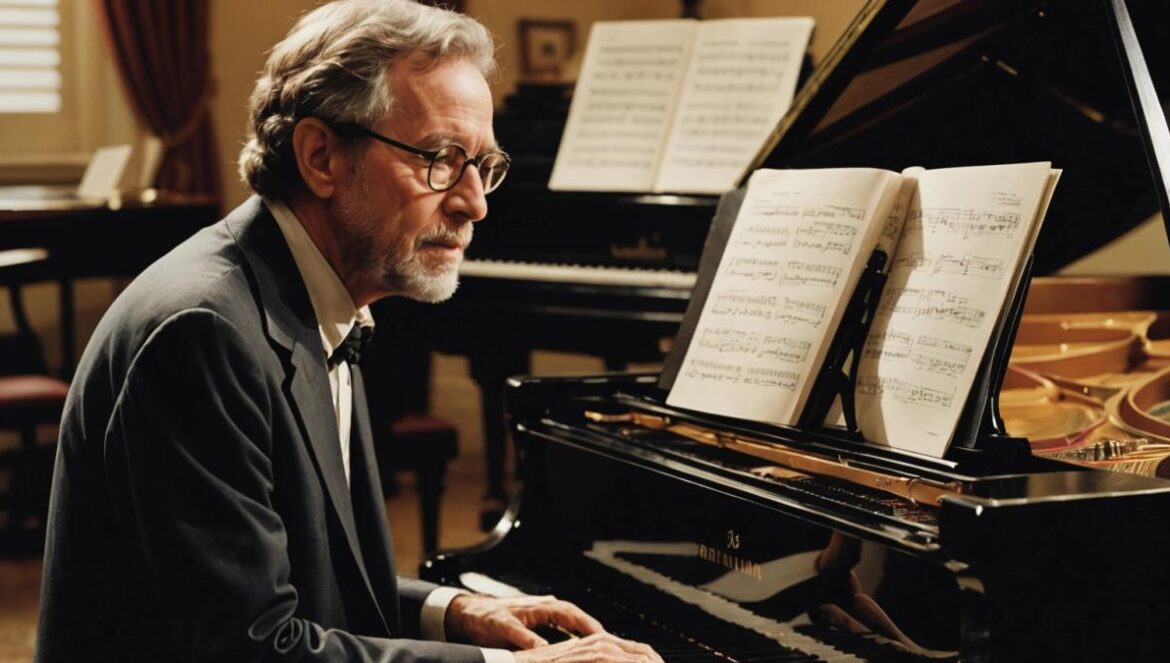 Steven Spielberg y John Williams charlando juntos frente a un piano con partituras de 'Tiburón'.