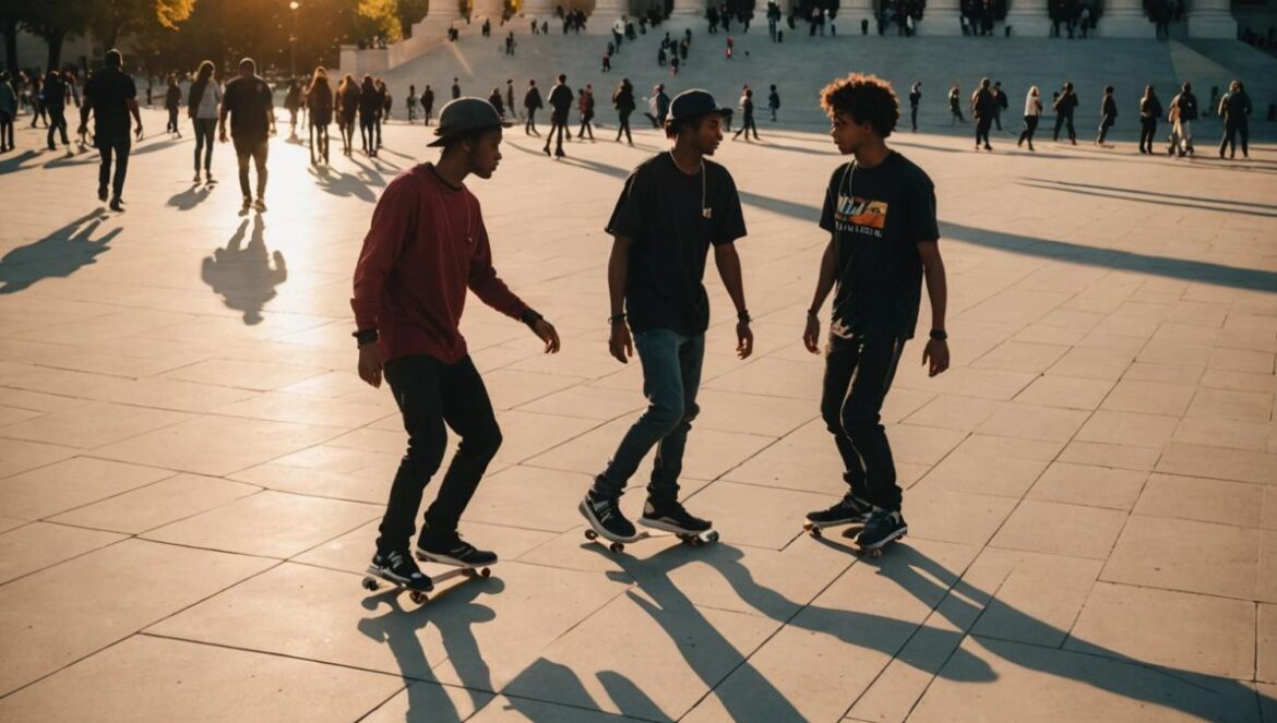 ¿Por qué Bumper es el libro de skate más humano y real del año? Así se vive en Freedom Plaza Grupo de skaters conversando y patinando al atardecer en la emblemática Freedom Plaza de Washington DC.